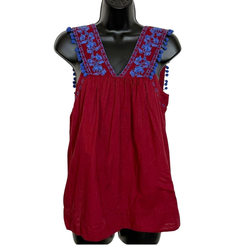 J.CREW BURGUNDY BLUE EMBROIDERED POM POM TANK TOP BOHO SMOCK BLOUSE SIZE 2